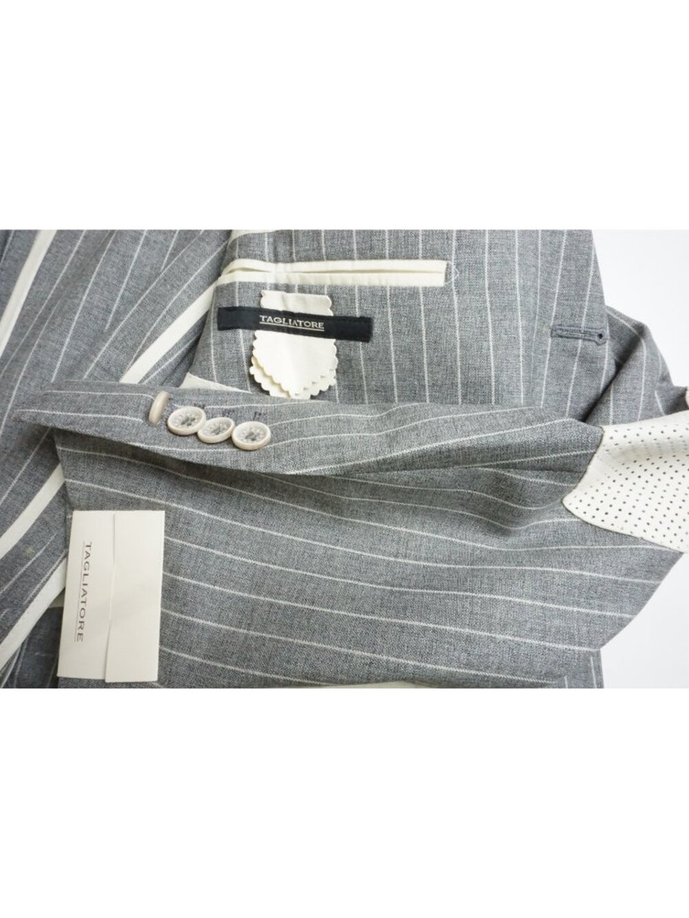 Tagliatore Napoli Gray Striped Leather Elbow Wool 2 Pc Suit Jacket Pant 40R New